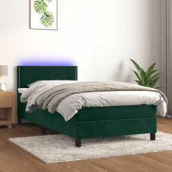 Cama box spring c/ colchão/LED 100x200 cm veludo verde-escuro