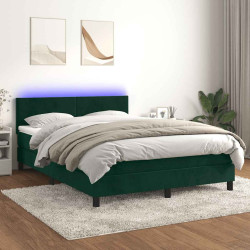 Cama box spring c/ colchão/LED 140x190 cm veludo verde-escuro