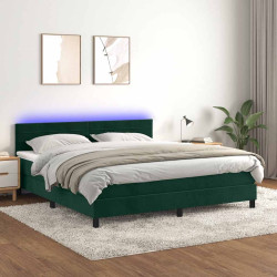 Cama box spring c/ colchão/LED 160x200 cm veludo verde-escuro