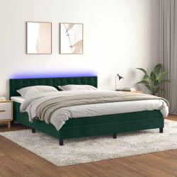 Cama box spring c/ colchão/LED 160x200 cm veludo verde-escuro