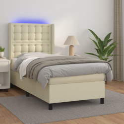 Cama box spring c/ colchão/LED 90x190 cm couro artificial creme
