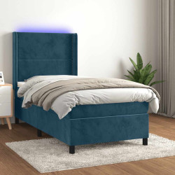 Cama box spring c/ colchão/LED 100x200 cm veludo azul-escuro