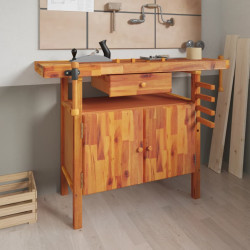 Bancada de trabalho com gaveta e torno 124x52x83 cm madeira maciça acácia
