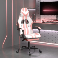 Cadeira gaming com apoio p/ pés couro artificial branco e rosa
