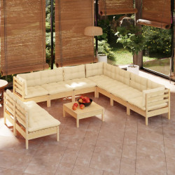 10 Pcs conjunto lounge jardim c/ almofadões creme pinho maciço