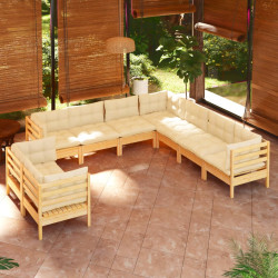9 Pcs conjunto lounge jardim c/ almofadões creme pinho maciço