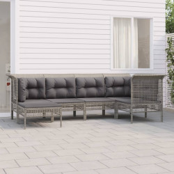 6 Pcs conjunto lounge de jardim c/ almofadões vime PE cinzento