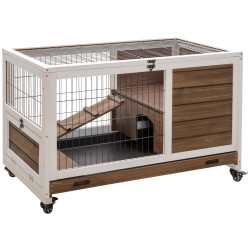 Coelheira de Madeira Gaiola de para Pequenos Animais Portátil com Teto Abatível Rampa Bandeja Removível 90x53x59cm Marrom