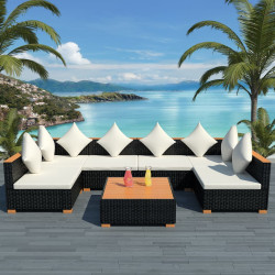 7 Pcs conjunto lounge de jardim c/ almofadões vime PE preto