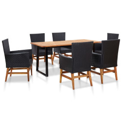 7 Pcs conjunto jantar exterior vime PE e madeira acácia preto