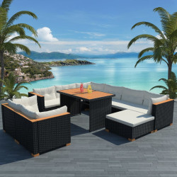 10 Pcs conjunto lounge de jardim c/ almofadões vime PE preto