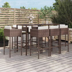 9 Pcs conjunto de bar p/ jardim c/ almofadões vime PE castanho