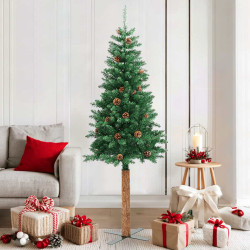 Árvore de natal fina madeira e pinhas genuínas 180 cm PVC verde
