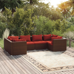 6 Pcs conjunto lounge jardim c/ almofadões vime PE castanho