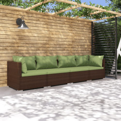 4 Pcs conjunto lounge jardim c/ almofadões vime PE castanho