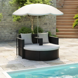 Espreguiçadeira para jardim com guarda-sol vime PE preto