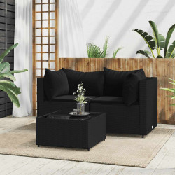 3 Pcs conjunto lounge de jardim c/ almofadões vime PE preto
