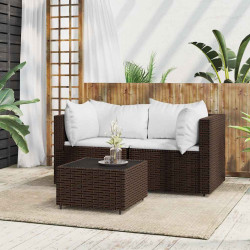 3 Pcs conjunto lounge jardim c/ almofadões vime PE castanho