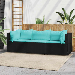 3 Pcs conjunto lounge de jardim c/ almofadões vime PE preto