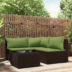 4 Pcs conjunto lounge jardim c/ almofadões vime PE castanho