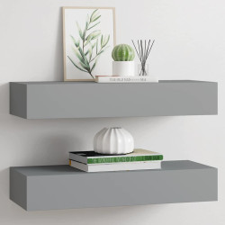 Prateleiras de parede c/ gavetas 2pcs MDF 60x23,5x10cm cinzento