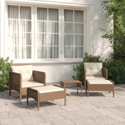5 Pcs conjunto lounge jardim c/ almofadões vime PE castanho