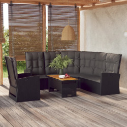 3 Pcs conjunto lounge de jardim c/ almofadões vime PE preto