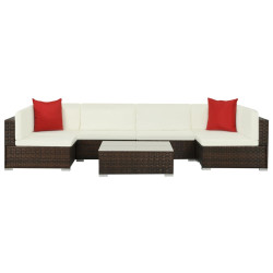 7 Pcs conjunto lounge jardim c/ almofadões vime PE castanho