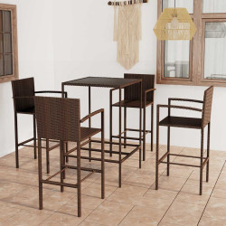 5 Pcs conjunto de bar para jardim vime PE castanho
