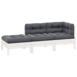 3 Pcs conjunto lounge jardim c/ almofadões pinho maciço branco