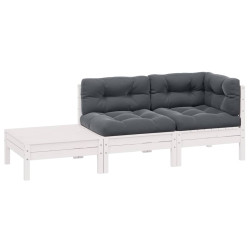 3 Pcs conjunto lounge jardim c/ almofadões pinho maciço branco