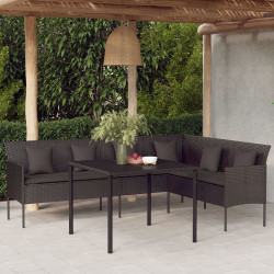 Sofá em forma de l p/ jardim c/ almofadões vime PE preto