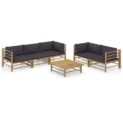 6 Pcs conj. lounge jardim em bambu c/ almofadões cinza-escuro