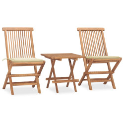 3 Pcs conj. jantar dobrável exterior c/ almofadão teca maciça