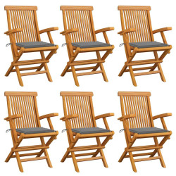 Cadeiras de jardim c/ almofadões cinzentos 6 pcs teca maciça