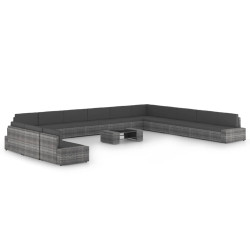 14 Pcs conjunto lounge de jardim c/ almofadões vime PE cinzento