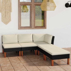 5 Pcs conjunto lounge de jardim c/ almofadões vime PE preto