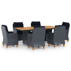 7 Pcs conj. jantar exterior c/ almofadões vime PE cinza-escuro