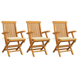 Cadeiras de jardim c/ almofadões creme 3 pcs teca maciça