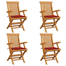 Cadeiras de jardim c/ almofadões vermelhos 4 pcs teca maciça