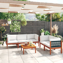 Conjunto de lounge de jardim com 6 peças e almofadas em madeira de acácia creme e corda