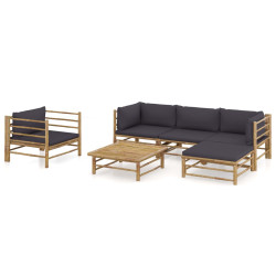 6 Pcs conj. lounge jardim em bambu c/ almofadões cinza-escuro