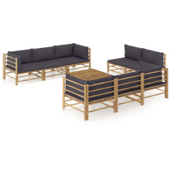 9 Pcs conj. lounge jardim em bambu c/ almofadões cinza-escuro