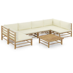 7 Pcs conj. lounge p/ jardim em bambu c/ almofadões branco nata