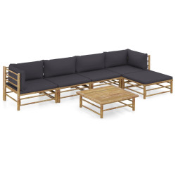 6 Pcs conj. lounge jardim em bambu c/ almofadões cinza-escuro