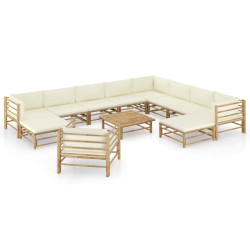 12 Pcs conj. lounge jardim em bambu c/ almofadões branco nata