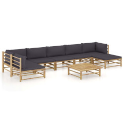 8 Pcs conj. lounge jardim em bambu c/ almofadões cinza-escuro