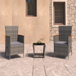 3 Pcs conjunto lounge de jardim c/ almofadões vime PE cinzento