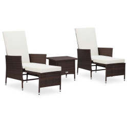 3 Pcs conjunto lounge jardim c/ almofadões vime PE castanho