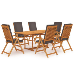 7 Pcs conjunto jantar jardim + almofadões cinzentos teca maciça
